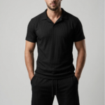 Erkek Siyah Ottoman Kumaş Şort Takımı – Yakalı Slim Fit Yazlık Spor Takım