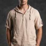 Kapşonlu Yarım Pat Düğmeli Keten Gömlek