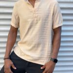 Hakim Yaka Yarım Pat Düğmeli Keten Gömlek Ham keten