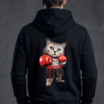 Kedi Baskılı Kanguru Cepli Kapşonlu Sweatshirt Hoodie Siyah