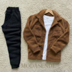 Cep Detaylı Pelüş Gömlek Ve Eşofman Alt Üst Kombini