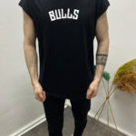 Bulls Baskılı Siyah Oversize Sıfır Kol Erkek T-shirt – Streetwear Tarz