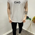 Erkek Beyaz Oversize Sıfır Kol Tişört – “Ciao” Baskılı Sokak Stili T-shirt