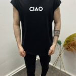 Ciao Yazılı Oversize Sıfır Kol Erkek T-shirt – Siyah Pamuklu Yazlık Tshirt