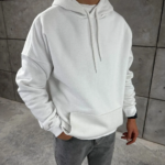 Oversize Kapüşonlu Kanguru Cepli Basic Sweatshirt Hoodie Beyaz