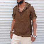 Kapşonlu Yarım Pat Düğmeli Keten Gömlek Kahverengi