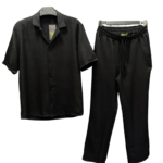 Erkek Siyah Keten Takım – Apaş Yaka Kısa Kollu Gömlek & Baggy Pantolon Yazlık Kombin